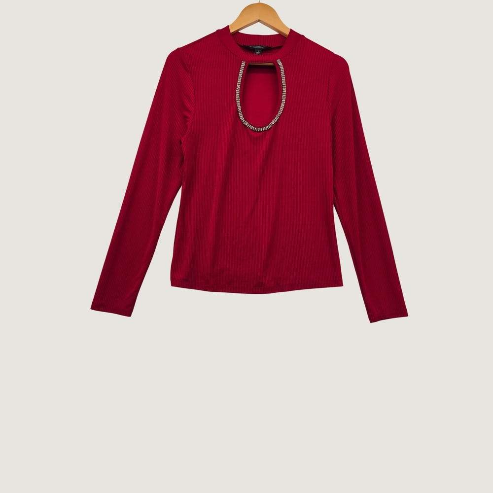 Marc New York Red Ribbed Rhinestone Keyhole Top Long Sleeve Glam Holiday Small